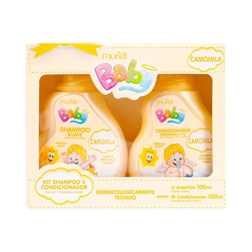 Kit Muriel Baby Shampoo + Condicionador Camomila com embalagem amarela e branca, indicado para cabelos delicados de bebês